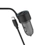 Detaljebillede af 4smarts bilopladeren med USB-C port, USB-A port og medfølgende USB-C kabel i grå og sort.