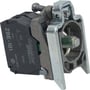Schneider Electric Harmony XB4 lampetrykskrop med 1 x NO kontakt og metalkrop, set fra siden med synlig mærkning ZBE-101.
