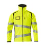 Detalje af Mascot Hi-Vis softshell jakke i gul, viser den høje krave og det tofarvede design med sorte detaljer.