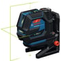 Bosch Professional GLL 12V-50-22 CG linjelaser med grøn laserteknologi, vist med horisontale og vertikale laserlinjer. Den har et robust sort og blåt design med orange detaljer og en synlig 12V mærkning.