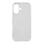 Essentials transparent magnetcover til iPhone 16 set bagfra med lys magnetring og åbning til kameraet øverst.