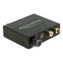 Nærbillede af Delock digital audio converter, der viser volumenkontrolknappen og RCA-lydudgange med R og L markeringer.