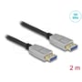 DeLock DisplayPort-kabel med metalhus set ved de to stik; grafikken angiver 10K ved 60 Hz og 2 meter.