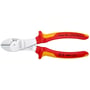 Knipex sidebidetang 7406-180 VDE-godkendt 1000V, lavet af krom-vanadium stål med røde og gule isolerede greb.