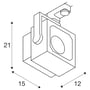 Målskitse af den hvide SLV Eurocube LED-spot til 240V 3-faset skinne med markeringerne 21, 15 og 12.