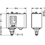 Teknisk tegning af Danfoss KP7B pressostat med dimensioner for højde, bredde og dybde angivet i millimeter.