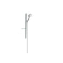 Hansgrohe Raindance Select S 120 brusesæt i krom, med 90 cm brusestang og glas hylde på hvid baggrund.