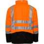 Frontvisning af ELKA 2-i-1 jakke i orange og sort, størrelse L, med reflekterende detaljer og lynlåslukning.