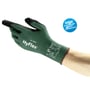Ansell HyFlex 11-842 arbejdshandske i str. 9, grøn med sorte gummidetaljer, viser logo og certificeringer.