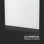 Udsnit af V-TAC LED-panelets hvide lysflade og kant med grafik, der fremhæver aluminium og PMMA.