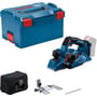 Bosch GHO 18V-26 batterihøvl vises sammen med L-Boxx, spånpose og parallelanslag som leveringsudstyr.