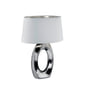 Taba bordlampe fra TRIO Lighting i sølv og hvid, med en cylinderformet stofskærm og en unik, snoet keramisk base på 52 cm.