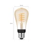 Målskitse af Philips Hue White Ambiance E27-filamentpære med dråbeformet glas og synligt snoet filament.