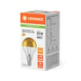 Ledvance LED-kronepærens orange-hvide emballage set skråt med produktbillede, E14-fatning og specifikationer.