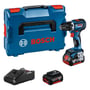 Bosch GSR 18V-90C bore-/skruemaskine med L-Boxx, 18V 4,0 Ah batteri og lader, præsenteret på hvid baggrund.