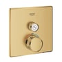 Grohe Grohtherm SmartControl termostatbatteri med børstet messing finish, firkantet metalplade med to drejeknapper til temperatur og vandstyring.