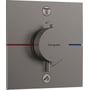 Hansgrohe ShowerSelect Comfort termostatbatteri i børstet sort krom med firkantet design og tydelige symboler for brusefunktioner.