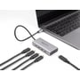 DeLock USB Type-C hub tilsluttet en bærbar computer, med fire USB-C kabler klar til brug på et hvidt underlag.