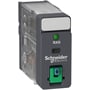Schneider Electric RXG12FD stikbensrelæ med 10A, 110V DC, 1 C/O kontakt, testknap og grøn LED-indikator.