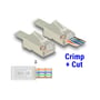 Tegning af Delock RJ45 Crimp+Cut-stik med ledninger, der føres ud gennem fronten og skæres af ved crimpning.