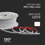 V-TAC LED strip lys med mælket cover på en rulle, viser SMD 2025 LED'er og 120° spredningsvinkel.