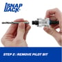Lenox SNAP-BACK™ hulsav adapter viser fjernelse af pilotbor med 10mm skaft og 14-30mm kompatibilitet.