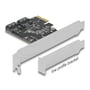 DeLock SATA-kort med to porte og PCI Express x1-kontakt vist sammen med et almindeligt beslag og et lavprofilbeslag.