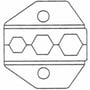Stregtegning af Nelco HD-RAM pressebakke DRG 328 med tre sekskantede åbninger til RG59- og RG6-coaxialkabel.