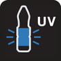Symbol der Wiha T-bits viser en blå bit med lysstråler og teksten UV, der indikerer UV-lys synlighed.