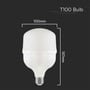 V-TAC 30W LED T100 pære med dimensioner 100mm bredde og 157mm højde, vist på mørk baggrund.
