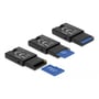 Tre sorte DeLock USB 2.0 kortlæsere til Micro SD viser indsættelse af Micro SD-kort.