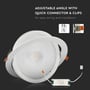 Oversigt over V-Tac 30W LED spotlight med teksten 'ADJUSTABLE ANGLE WITH QUICK CONNECTOR & CLIPS' og illustrationer af installation.
