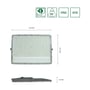 Målskitse af SpectrumLED 150W LED-projektør med front, sideprofil og angivelser af bredde, højde og dybde.