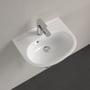 Villeroy & Boch O.novo håndvask i hvid porcelæn, 45 cm, med krom vandhane monteret og tydeligt overløb.