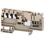 Weidmüller AAP potentialefordelingsklemme i beige og orange, vist i tværsnit, med push-in tilslutning for 6/6x1.5mm2 kabler.