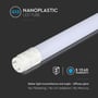 Grafik med V-TAC T8-Samsung60 Pro LED-rør, G13-fatning og tekst om nano-plast, lav flimmer og lysfordeling.