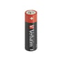 Et enkelt Verbatim Alkaline AA LR6 batteri på 1.5V, stående med den røde pluspol og logo i fokus.