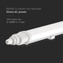 V-TAC LED-armaturets endestykke og kabeltilslutning vises tæt på sammen med tekst om direkte AC-strøm.