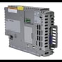 Schneider Electric Pro-face SP5000 serie Power Box modul, set fra siden, med porte til USB, Ethernet, COM og SD-kort samt advarselslabel.