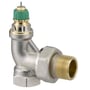 Danfoss RA-DV radiatorventil, vinkelløbende model med 3/4" messingtilslutning og grøn forindstillingshætte på hvid baggrund.