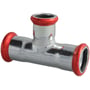Unico forzinket presse tee fitting med 108mm, 108mm og 88,9mm dimensioner og røde EPDM O-ringe på hver ende.