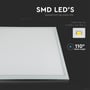 Nærbillede af V-TAC LED panelets overflade og aluminiumsramme, med tekst om 'SMD LED'S' og '110° Beam Angle'.