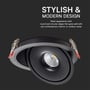 Nærbillede af V-TAC 12W COB downlight fremhævet med teksten 'STYLISH & MODERN DESIGN' og beskrivelse af udseendet.