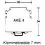 Diagram af en TS-skinne med dimensioner 32mm bred og 34mm høj, samt angivelse af klembredde på 7 mm.