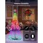 Govee Cone Tree Lights opstillet udendørs i snevejr med detaljer om IP65 og IP44 vandtætte klassifikationer og tilbehør som jordspyd.