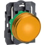 Schneider Electric XB5 signallampe med orange LED på 230V, vist på en grå monteringsbase med metalclips.