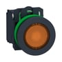 Schneider Electric Harmony XB5/ZB5 flush lampetryk i orange med grøn ring og sort bagmontering på hvid baggrund.