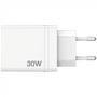Verbatim CHR-30EU2 USB-oplader set fra siden med de to stikben og teksten 30 W på den hvide vægoplader.