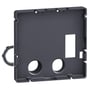 Bagside af Schneider Electric montageplade til display FDM121, 64x64mm, mørkegrå plast, viser monteringsdetaljer og en drejelig låsering.