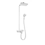 Hansgrohe RD Select Showerpipe 360 komplet brusesystem i krom med stor firkantet hovedbruser, håndbruser og kararmatur på hvid baggrund.